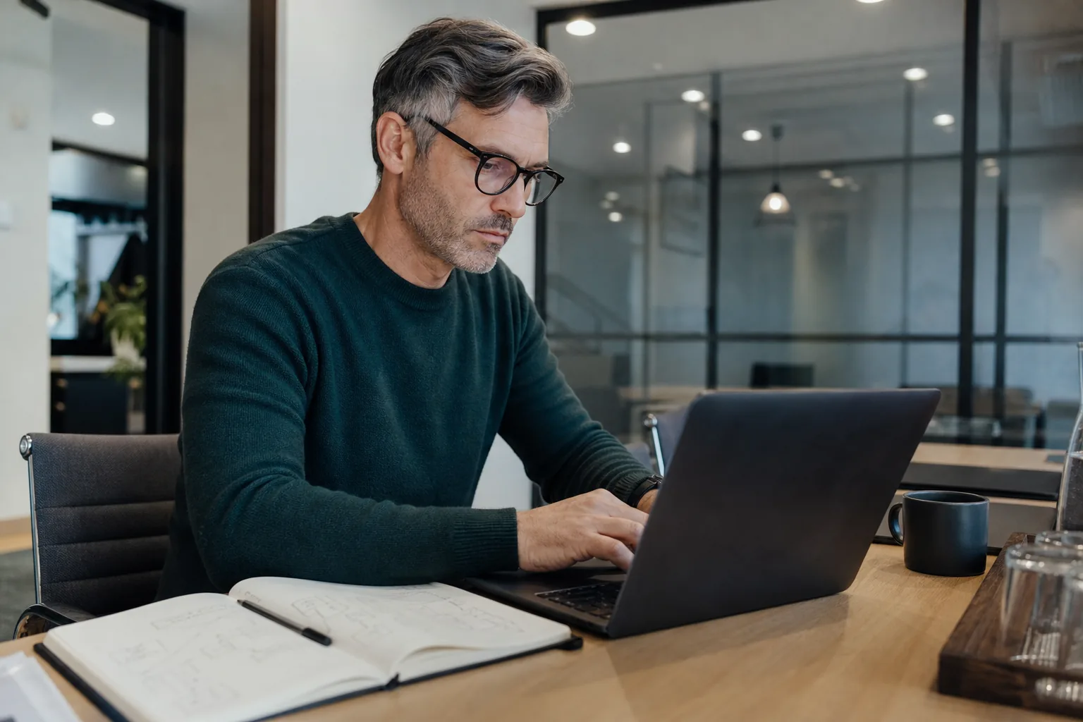 CEO typing a what if question about hiring into a laptop at a meeting table