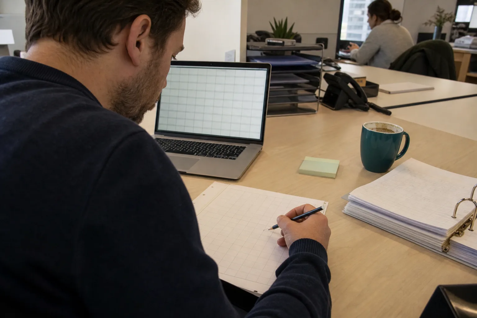 Controller annotating a printed annual budget next to a laptop with a spreadsheet grid