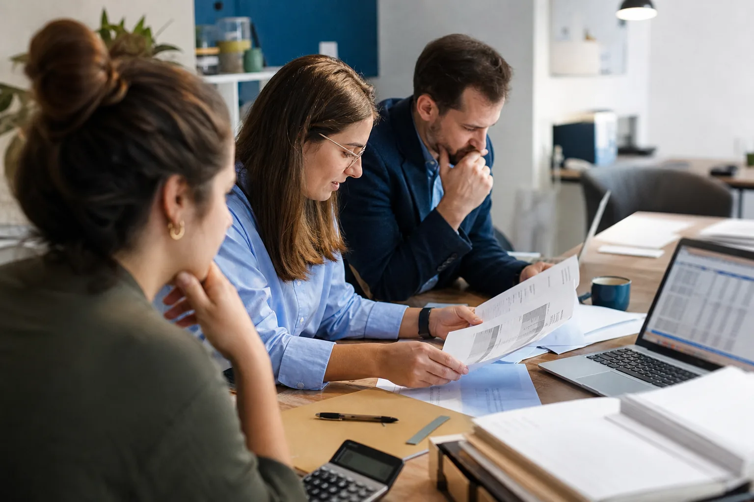 Finance team reviewing the monthly budget vs actual report together at a desk with a laptop and printed statements