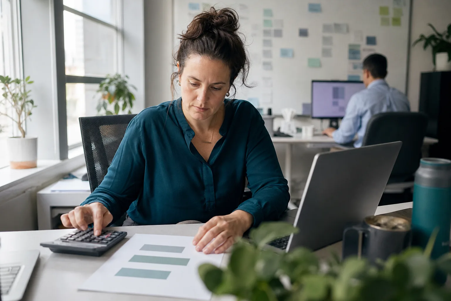 Founder reviewing hours saved on the monthly finance routine with a calculator and laptop