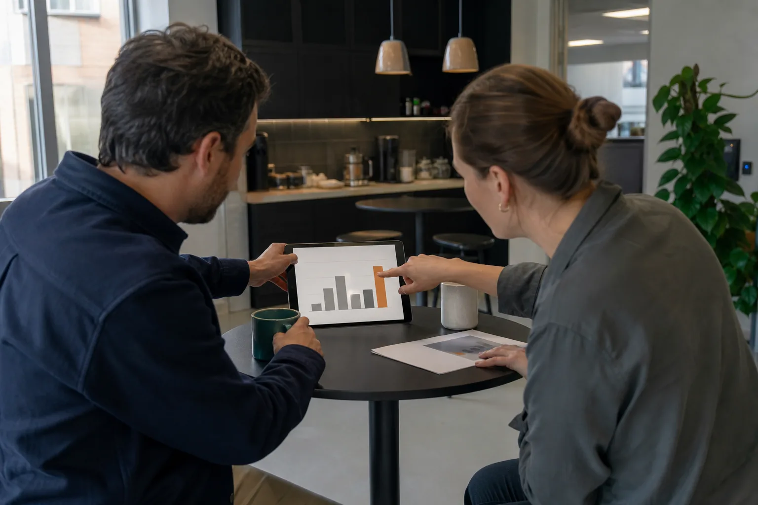 Department head and finance partner discussing overspend in a short budget review meeting