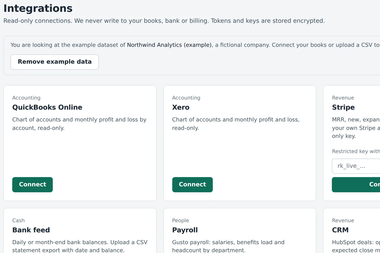 Budgeter app integrations screen stating read-only connections with encrypted tokens and keys