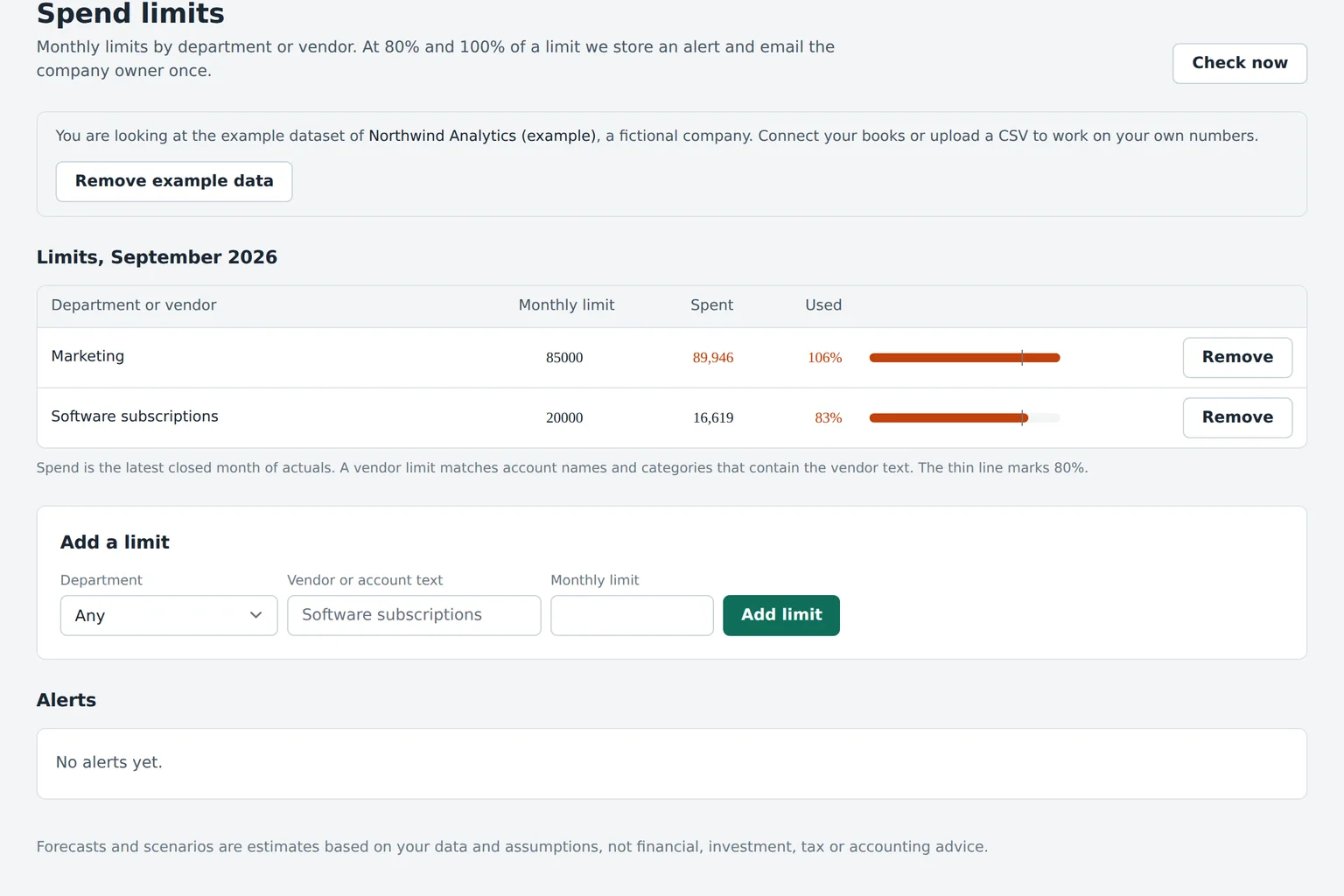Budgeter app spend limits screen with monthly limits by department and vendor and the share already spent